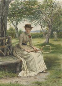 Kilburne George Goodwin Leinwanddruck „Ein sitzendes Mädchen, das einen Tennisschläger hält“.