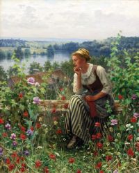Ritter Daniel Ridgway Normandie-Mädchen, das in einem Garten sitzt