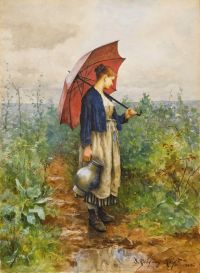 Knight Daniel Ridgway Porträt einer Frau mit Regenschirm beim Wassersammeln 1882