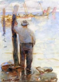 Knight Harold Fisherman mit Blick auf das Meer Kopfsteinpflaster und die Fischereiflotte in der Ferne