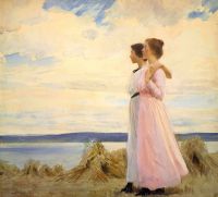 Knight Harold Zwei junge Mädchen, die an der Küste spazieren gehen. 1911