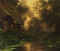 Knight Louis Aston A Thatched Cottage By A Stream At Dusk