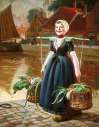 Knopf Hermann Lächelndes holländisches Mädchen, das einen Korb mit Gemüse trägt
