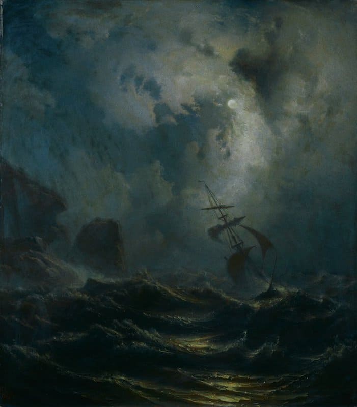 Tableaux sur toile, reproduction de Knud Andreassen Baade Stormy Night At Norwegian West Coast 1856