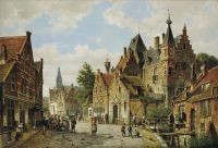 Koekkoek The Elder Hermanus Eine belebte Straße an einem sonnigen Tag in einer holländischen Stadt 1867