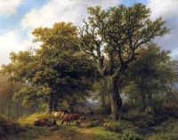 Koekkoek The Elder Hermanus A Herdsman And His Cattle Resting Under An Oak Tree A Ruin In The Distance canvas print