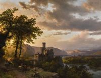 Koekkoek The Elder Hermanus Eine hügelige Landschaft mit Burg und Reisenden auf einem Pfad 1855