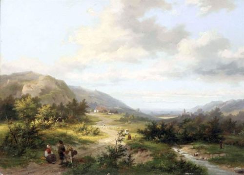 Koekkoek The Elder Hermanus A Hilly Landscape With Travellers And A Shepherd On A Track A Castle In The Distance canvas print