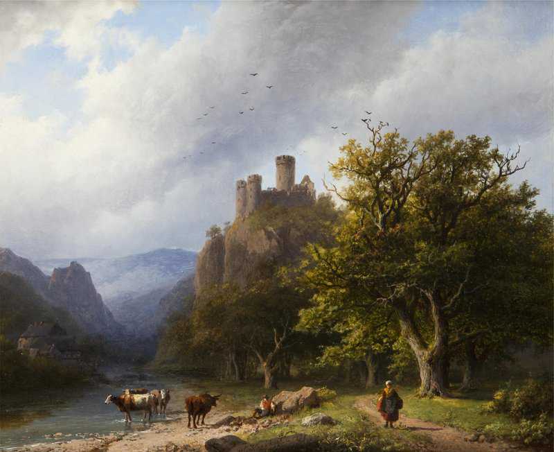 Koekkoek The Elder Hermanus A Mountainous Landscape With Figures And Cattle By A Valley Stream 1855 canvas print