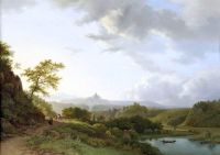 Koekkoek The Elder Hermanus Eine panoramische Sommerlandschaft mit Reisenden und einer Burgruine in der Ferne 1835