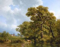 Koekkoek The Elder Hermanus A Summer Landscape With Cows Watering A Castle In The Distance 1836 canvas print