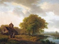 Koekkoek The Elder Hermanus Eine Sommerlandschaft mit Figuren in der Nähe eines Baches Eine Kirche hinter 1824