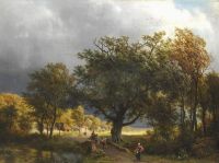 Koekkoek The Elder Hermanus Eine Sommerlandschaft mit Reisenden auf einem Waldweg 1853