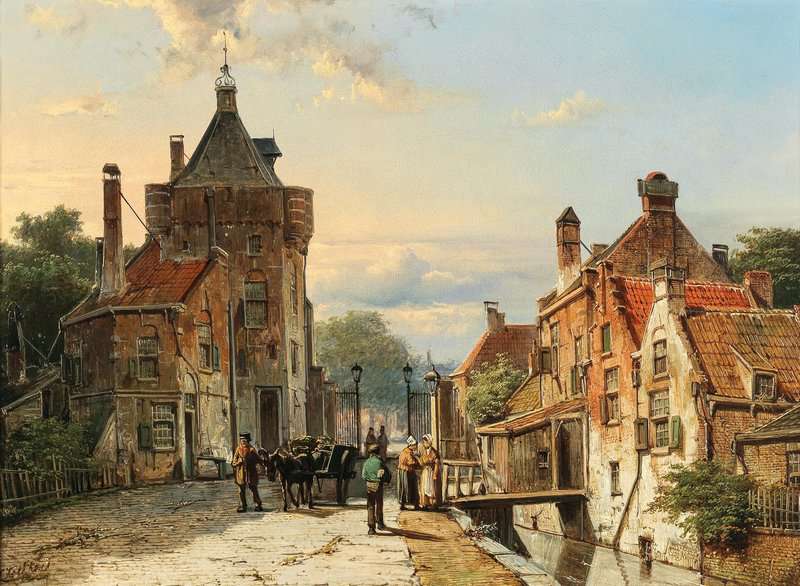 Koekkoek The Elder Hermanus A View Of A Netherlandish Town With Figures Chattering canvas print