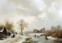 Koekkoek The Elder Hermanus منظر شتوي مع شخصيات على طريق ومتزلجين على ممر مائي متجمد 1838
