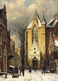 Koekkoek The Elder Hermanus Ein winterlicher Blick auf die Westerstraat mit der Westerkerk Enkhuizen