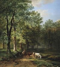 Koekkoek The Elder Hermanus Eine bewaldete Landschaft mit Reisenden, die auf einem sonnenbeschienenen Pfad ruhen, 1830