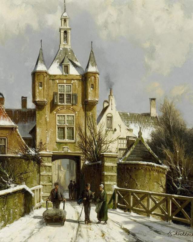 Koekkoek The Elder Hermanus Figures In A Winter Townscape canvas print