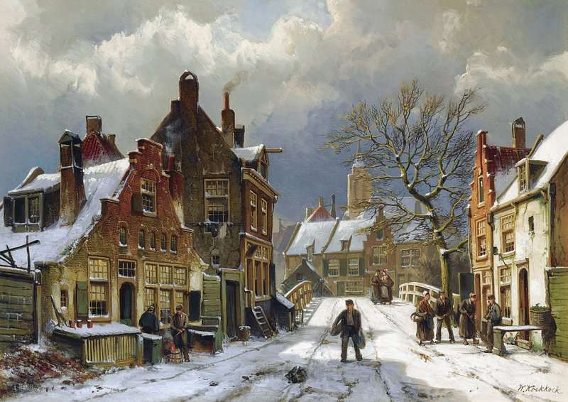 Koekkoek The Elder Hermanus Figures In The Streets Of A Wintry Dutch Town canvas print