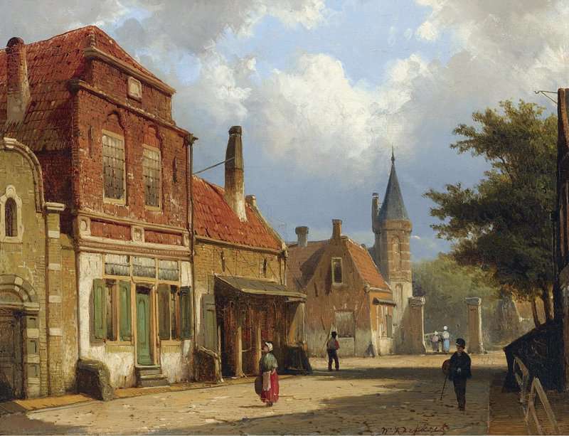 Koekkoek The Elder Hermanus Figures In The Sunlit Streets Of A Dutch Town canvas print