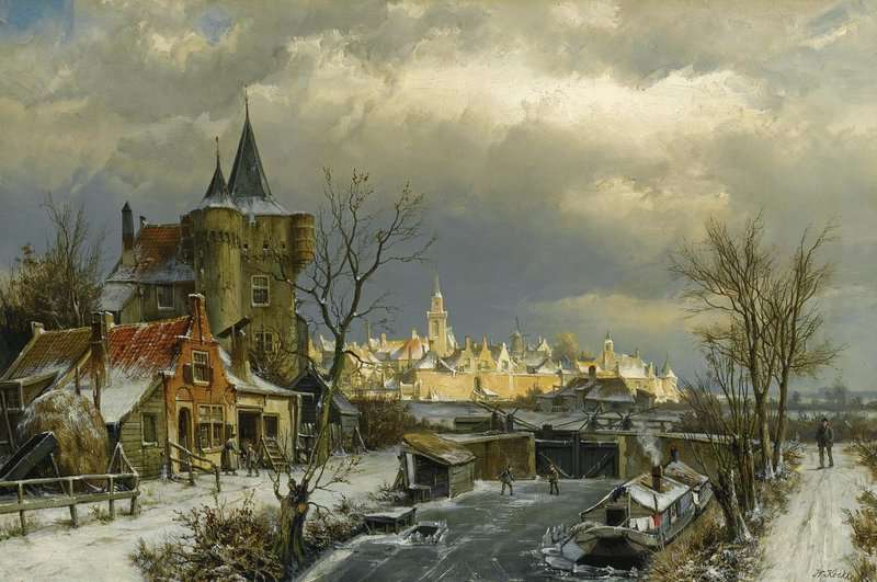 Koekkoek The Elder Hermanus Figures On A Frozen Canal Naarden In The Background canvas print