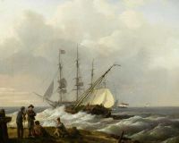 Koekkoek The Elder Hermanus Fischer am Ufer mit Schiffen, die jenseits von 1825 in See stechen