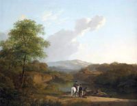 Koekkoek The Elder Hermanus Paysage. Ein Reiter und Händler, die sich in der Nähe eines Flusses unterhalten, 1825