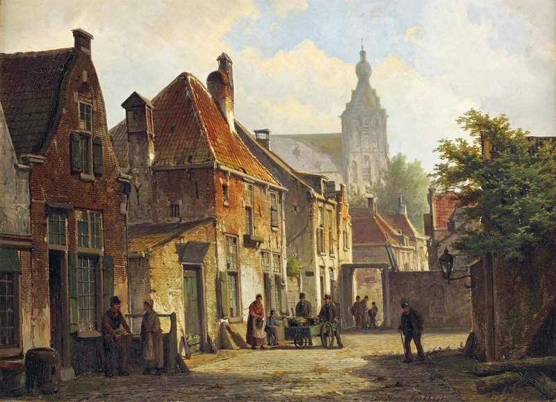 Koekkoek The Elder Hermanus Townsfolk In A Sunlit Street With A Church Beyond canvas print