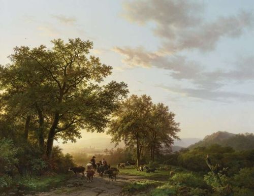Koekkoek The Elder Hermanus Travellers With Cattle And Donkeys On A Sunlit Path In A Rhenish Panoramic Landscape 1840 canvas print