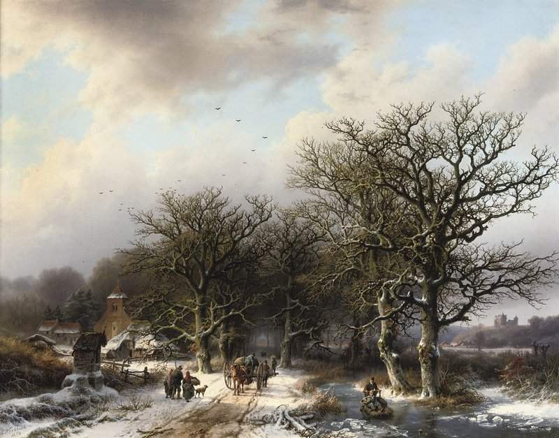 Koekkoek The Elder Hermanus Villagers On A Wooded Track Near A Snow Covered Village 1855 canvas print