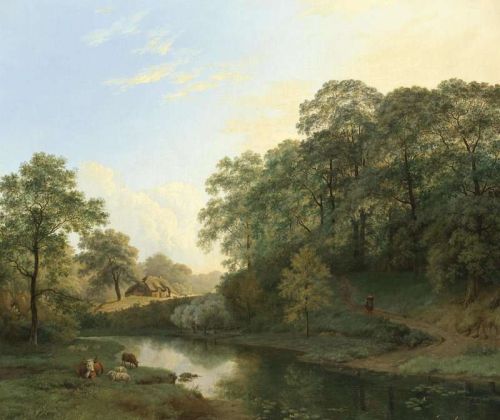 Koekkoek The Elder Hermanus Wooded Landscape With A Figure And Livestock By A River A Thatched Cottage In The Distance canvas print
