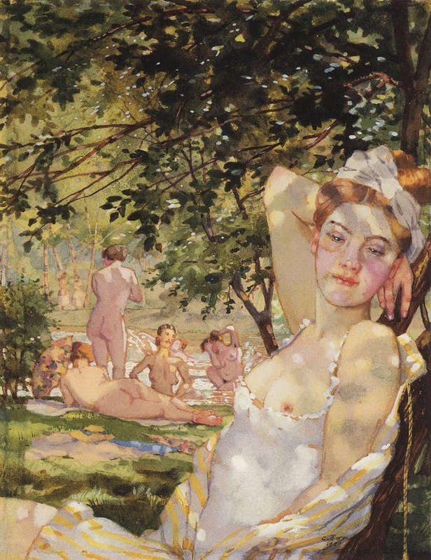 Tableaux sur toile, reproduction de Konstantin Somov Bathing In The Sun - 1930