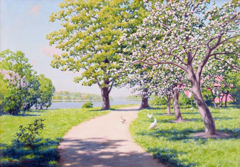 Krouthe N Johan Summer Landscape With Blooming Fruit Trees And Chickens canvas print