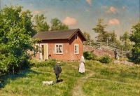Krouthen Johan Red Cottage in Sommerlandschaft mit Jäger und Hund