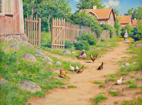 Krouthen Johan Summer Idyll With Children And Chickens canvas print