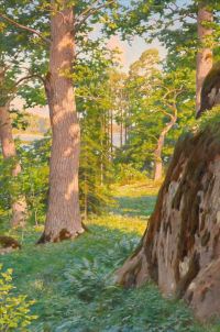 Krouthen Johan Sunlit Forest Lane With Lake canvas print