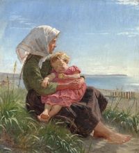 Kroyer Peder Severin A Small Barefooted Girl Sitting By Hornb K Beach. The Head Completely In Profile From The Right Side The Braid Down The Back. She Has A Sleeping Little Sister On Her Lap. Sunshine