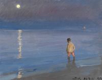 Kroyer Peder Severin Sommerabend mit Mondschein über dem Meer. Im Vordergrund ein paddelnder Junge 1904