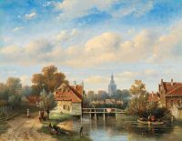 ليكرت تشارلز مدينة هولندية على ضفة النهر مع شخصيات زخرفية 1850