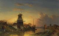 Leickert Charles A River Landscape With A Windmill At Dusk