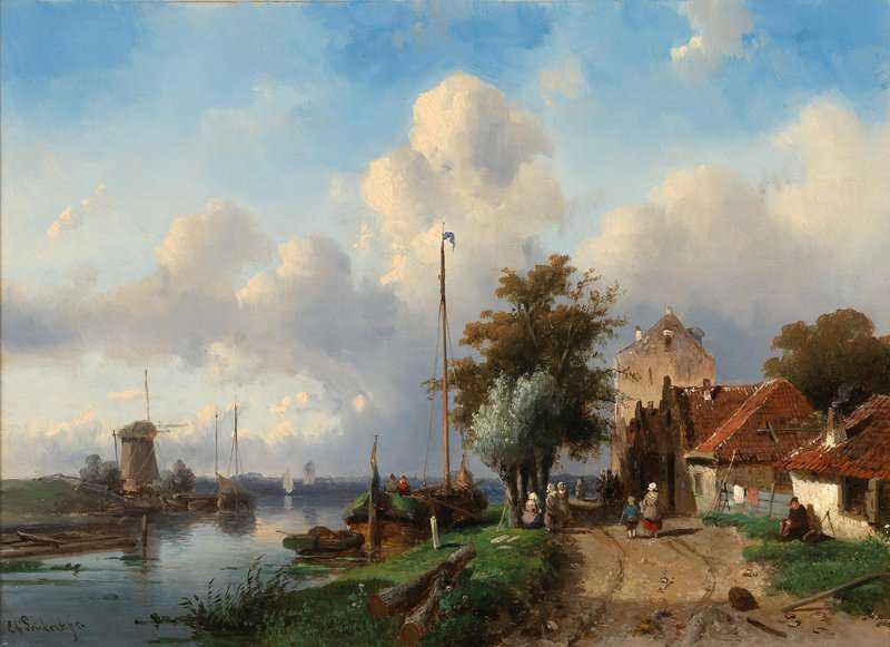 Leickert Charles A River Landscape With Figures On The Bank canvas print