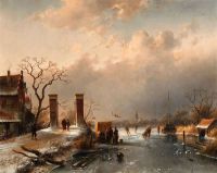 Leickert Charles A Village Landscape With Skaters 1864