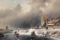 Leickert Charles Eine Winterlandschaft mit Figuren auf einem zugefrorenen Wasserweg 1861