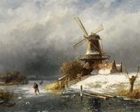 Leickert Charles A Winter Landscape With Skaters Near A Windmill