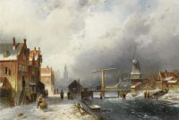 Leickert Charles Eine winterliche niederländische Stadt mit Schlittschuhläufern auf einem zugefrorenen Kanal