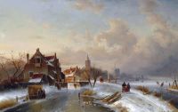 Leickert Charles Eisläufer und ein Koek En Zopie in der Nähe einer winterlichen holländischen Stadt 1899