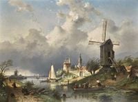 Leickert Charles Flusslandschaft mit Windmühle 1868