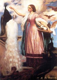 Leighton Frederic Ein Mädchen, das Pfauen füttert Ca. Leinwanddruck von 1863