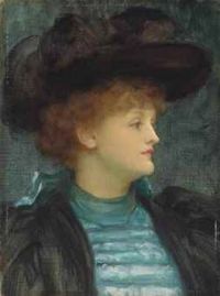 Leighton Frederic Portrait von Dorothy Dene Brustlänge in einem türkisfarbenen Kleid und schwarzem Mantel und Hut
