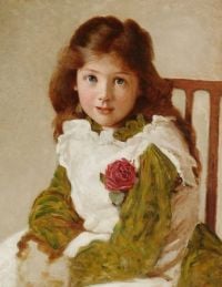 Leslie George Dunlop Portrait Of The Artist S Daughter Half Length In A Green Dress With White Pinafore